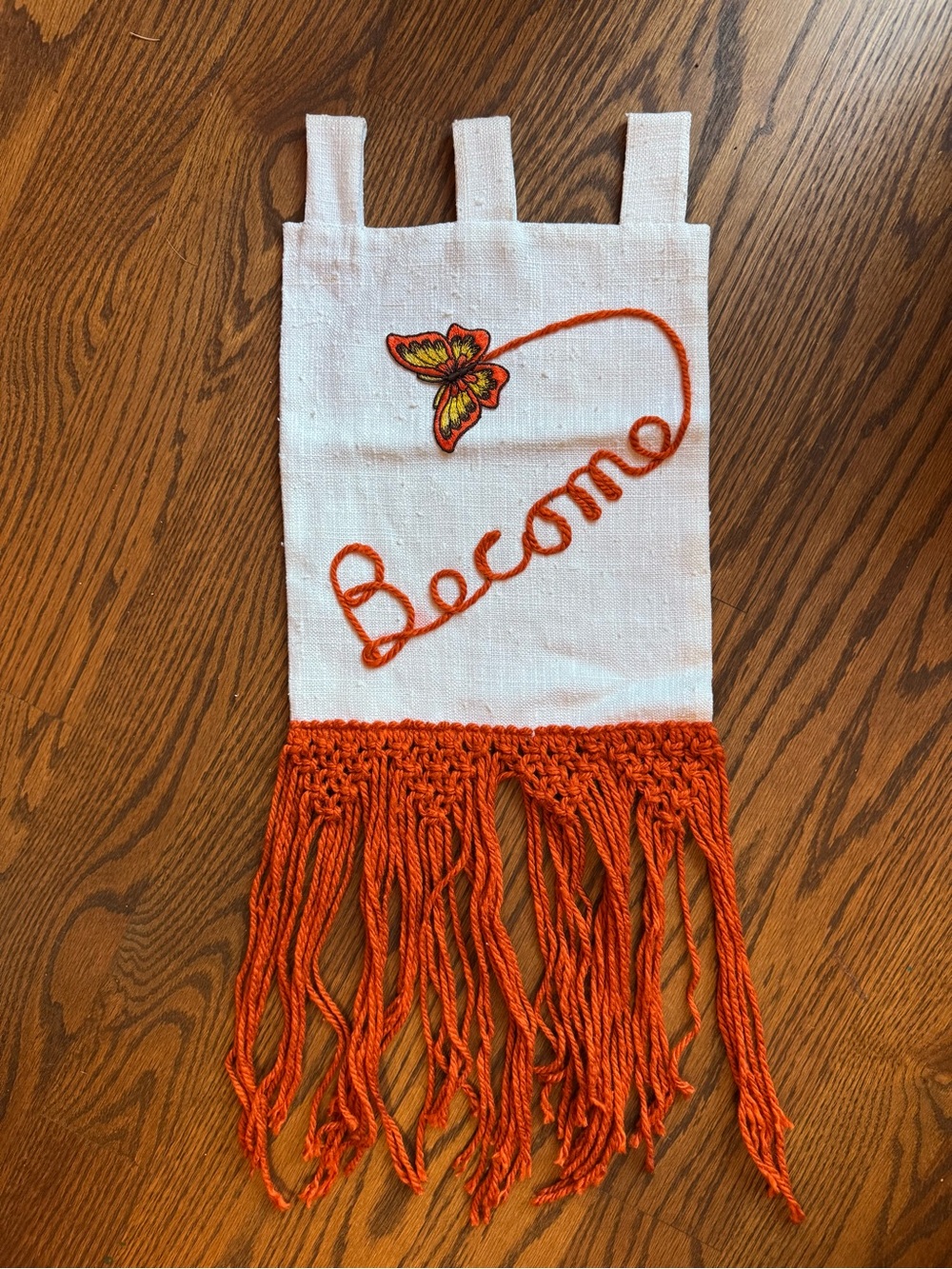 Handmade Vintage Retro Wall Hanging with Orange Fringe